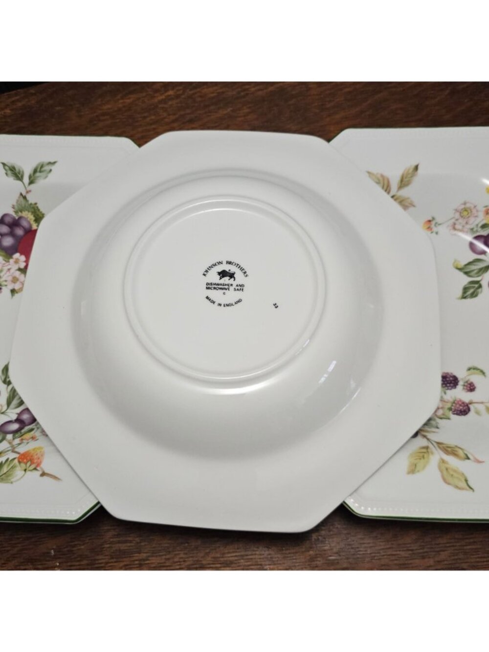 3 Johnson Brothers Fresh Fruit Bowl 9" large rim octagonal soup pasta green rim - Picture 6 of 9